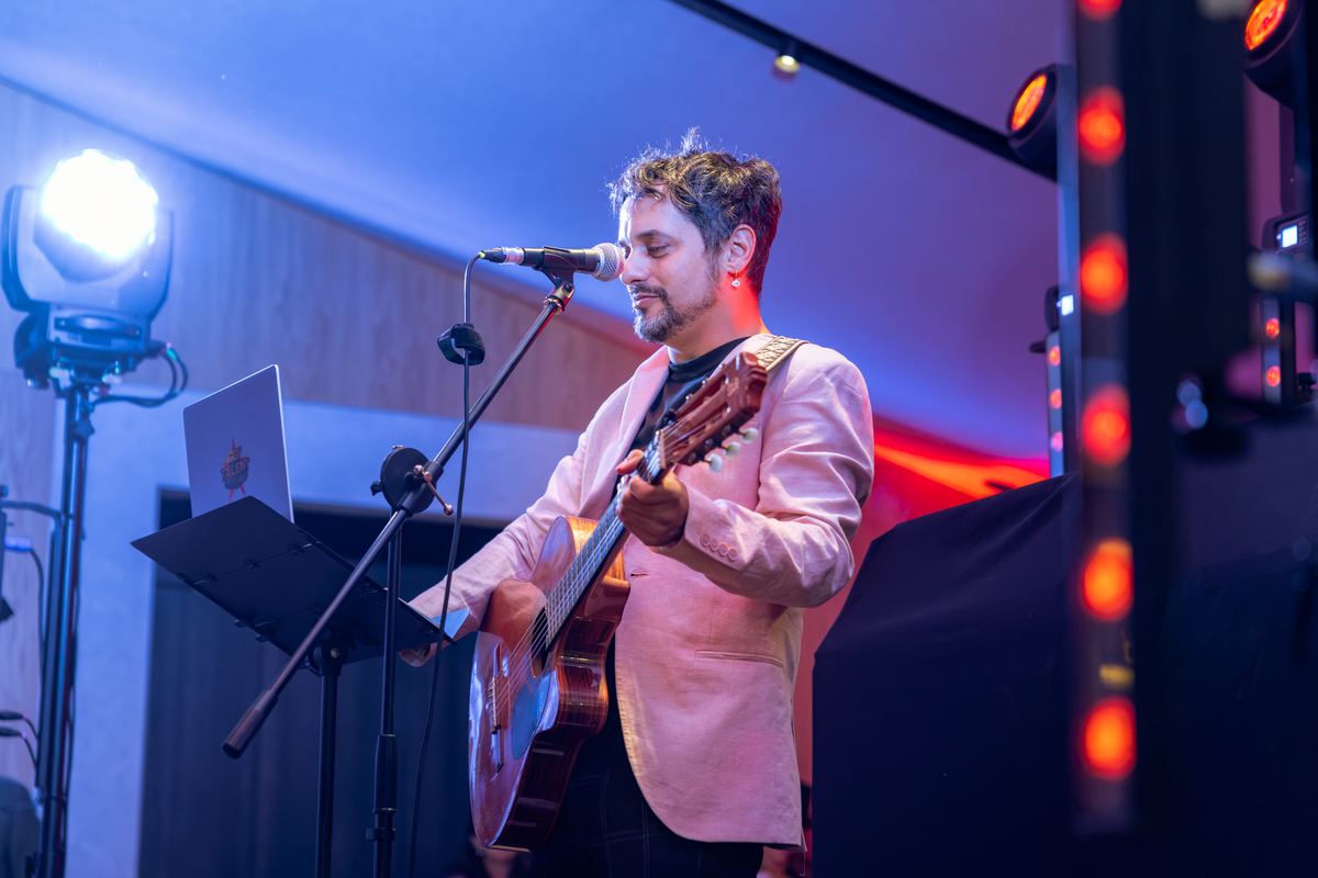 Musician with a guitar playing live in The Meadow hall