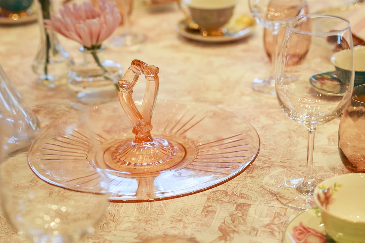 Pink glass goblet on a table in The Atrium