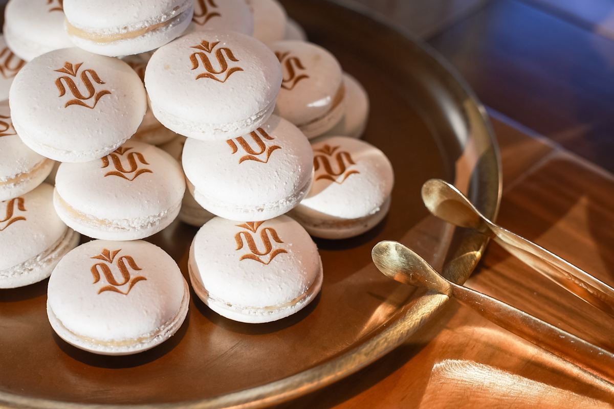 White macarons with the Miravalle monogram