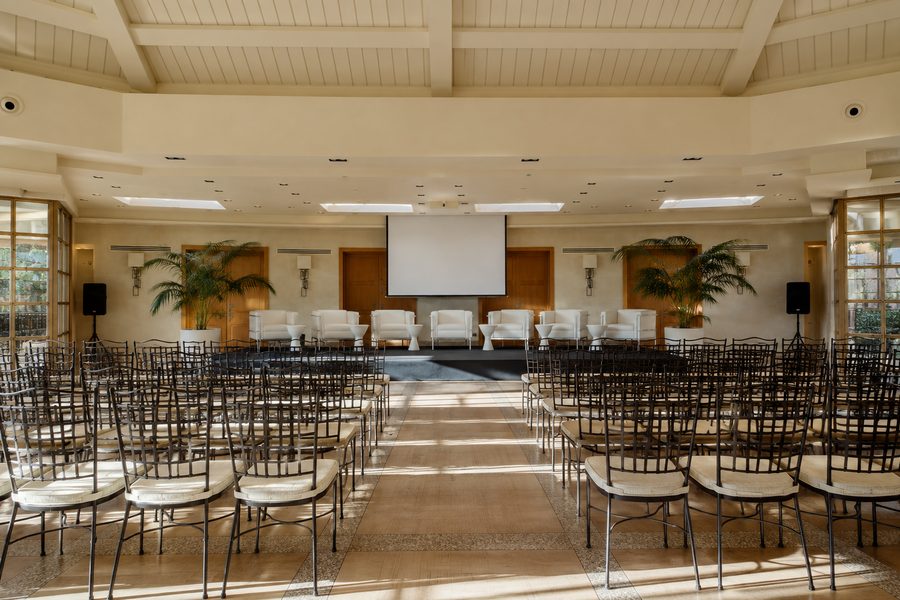 Function room at Finca Miravalle set up theatre style for a corporate event