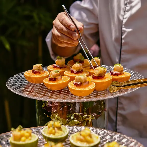 Camarero sirviendo aperitivos del catering